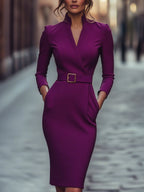 ISABEL | Vestido Midi Entallado con Cinturón y Cuello Esmoquin