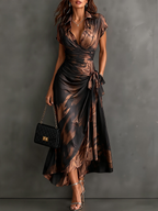 BIANCA | Vestido Cruzado con Estampado Abstracto y Vuelo
