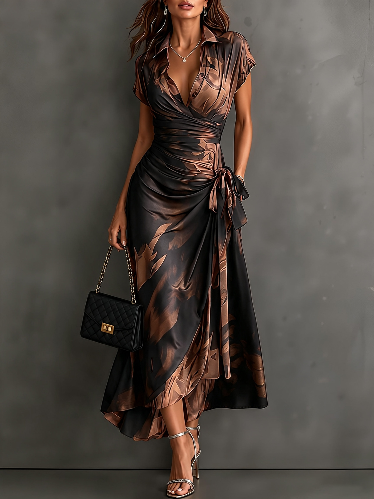 BIANCA | Vestido Cruzado con Estampado Abstracto y Vuelo