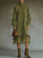 CELIA | Vestido Midi Vintage en Ante con Detalle de Encaje