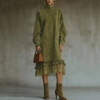 CELIA | Vestido Midi Vintage en Ante con Detalle de Encaje
