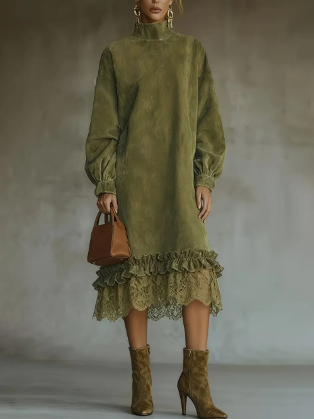 CELIA | Vestido Midi Vintage en Ante con Detalle de Encaje