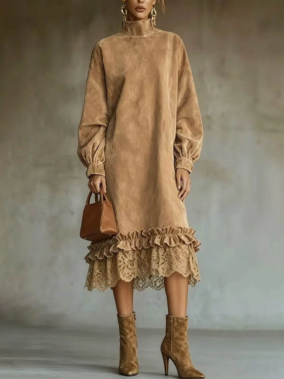 CELIA | Vestido Midi Vintage en Ante con Detalle de Encaje