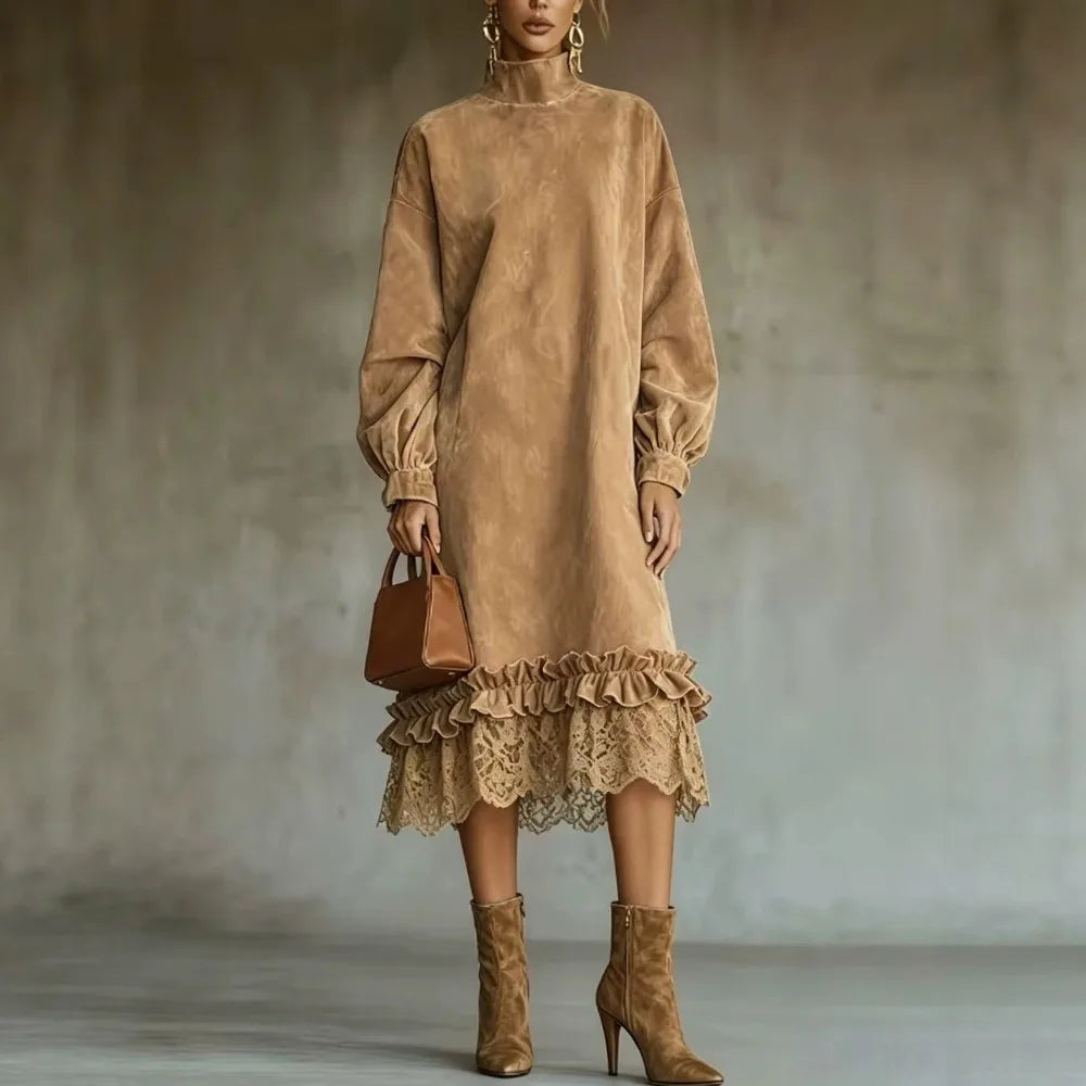 CELIA | Vestido Midi Vintage en Ante con Detalle de Encaje