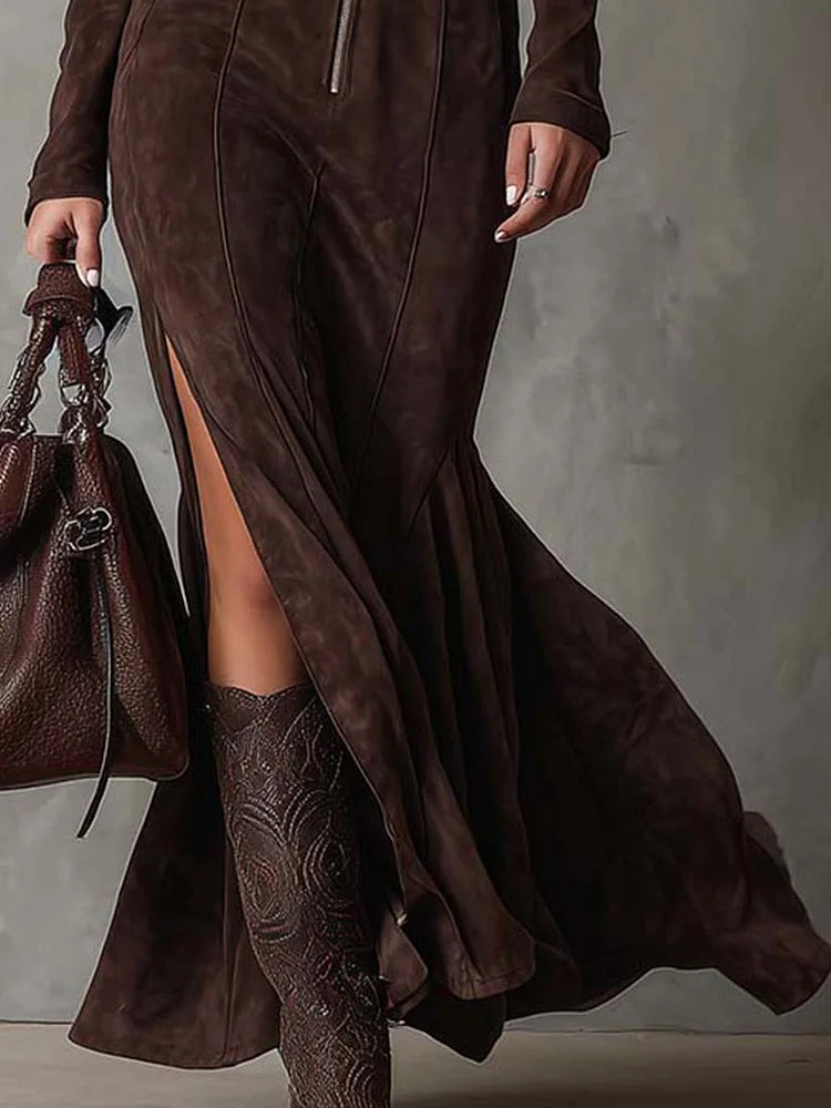 CANDELA | Vestido Largo Marrón con Cinturón