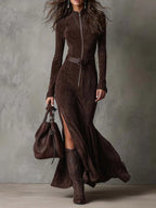 CANDELA | Vestido Largo Marrón con Cinturón