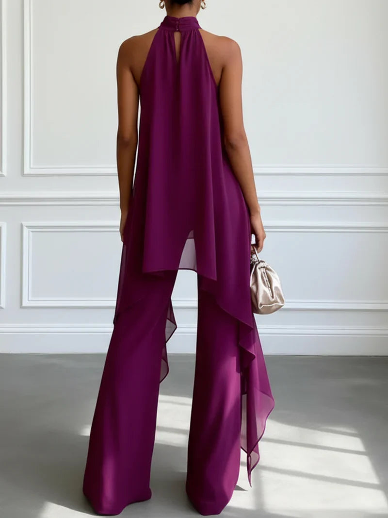 CLARA | Conjunto de top asimétrico con espalda descubierta y pantalones palazzo
