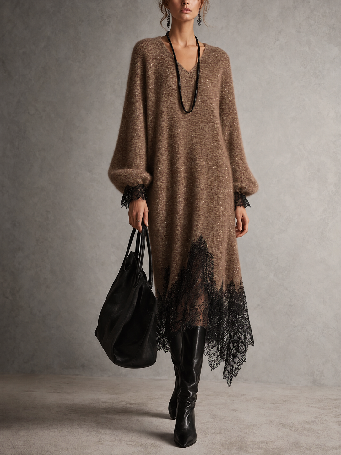PALOMA | Vestido Midi de Punto Suave con Detalle de Encaje