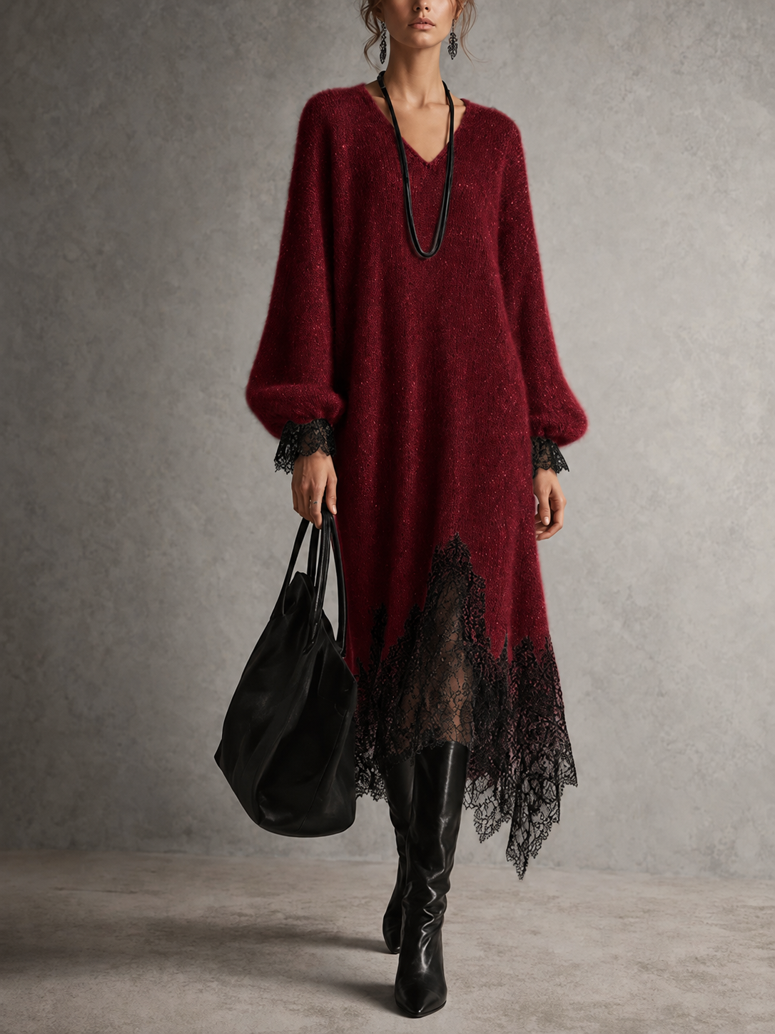 PALOMA | Vestido Midi de Punto Suave con Detalle de Encaje