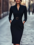ISABEL | Vestido Midi Entallado con Cinturón y Cuello Esmoquin