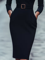 ISABEL | Vestido Midi Entallado con Cinturón y Cuello Esmoquin