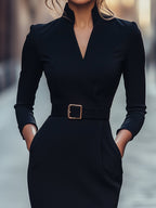 ISABEL | Vestido Midi Entallado con Cinturón y Cuello Esmoquin
